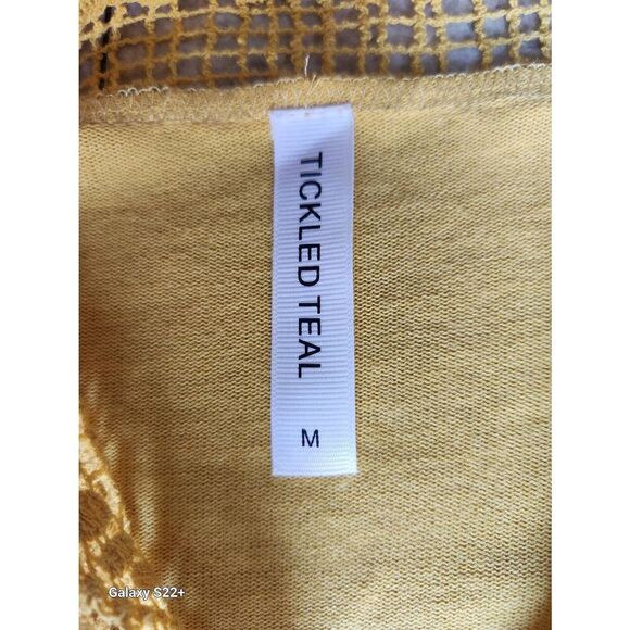 C36 Tickled Teal golden sunflower yellow long sweater cardigan with lacy trim - Picture 5 of 11